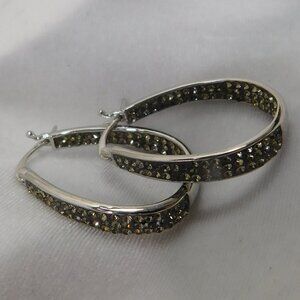 Ladies Silver Tone Gray Crystals Inside Out Oval Hoop Earrings